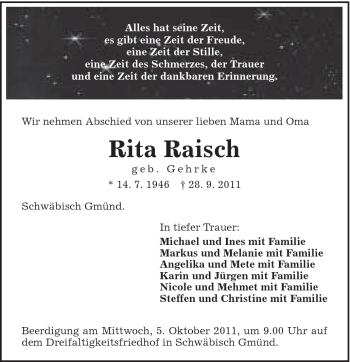 Traueranzeige von Rita Raisch von Gmünder Tagespost