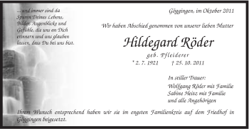 Traueranzeige von Hildegard Röder von Gmünder Tagespost