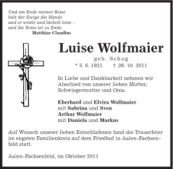Traueranzeige von Luise Wolfmaier von Schwäbische Post
