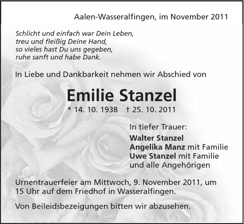  Traueranzeige für Emilie Stanzel vom 05.11.2011 aus Schwäbische Post