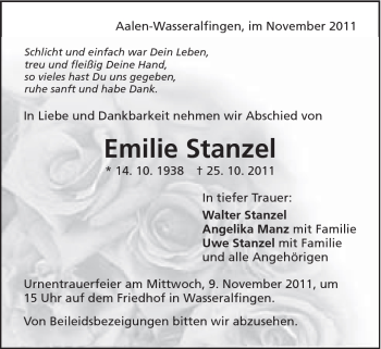 Traueranzeige von Emilie Stanzel von Schwäbische Post