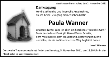 Traueranzeige von Paula Wanner von Schwäbische Post