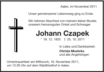 Traueranzeige von Johann Czapek von Schwäbische Post