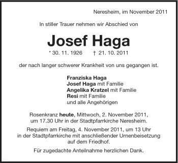 Traueranzeige von Josef Haga von Schwäbische Post