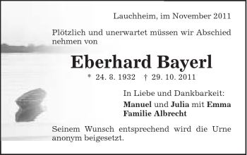 Traueranzeige von Eberhard Bayerl von Schwäbische Post