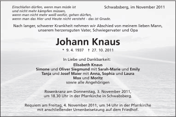 Traueranzeige von Johann Knaus von Schwäbische Post