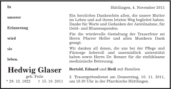 Traueranzeige von Hedwig Glaser von Schwäbische Post