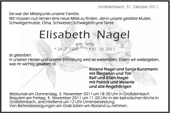 Traueranzeige von Elisabeth Nagel von Gmünder Tagespost