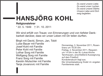 Traueranzeige von Hansjörg Kohl von Schwäbische Post