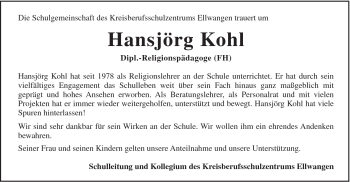 Traueranzeige von Hansjörg Kohl von Schwäbische Post