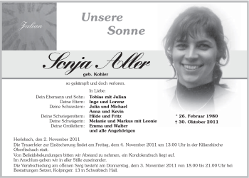 Traueranzeige von Sonja Aller von Schwäbische Post