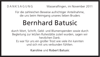 Traueranzeige von Bernhard Batusic von Schwäbische Post