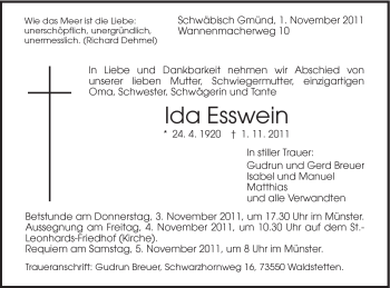 Traueranzeige von Ida Esswein von Gmünder Tagespost