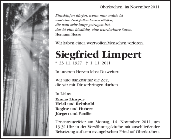 Traueranzeige von Siegfried Limpert von Schwäbische Post