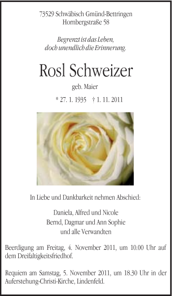 Traueranzeige von Rosl Schweizer von Gmünder Tagespost