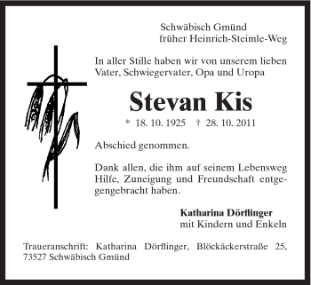 Traueranzeige von Stevan Kis von Gmünder Tagespost