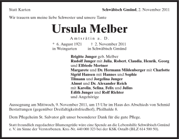Traueranzeige von Ursula Melber von Gmünder Tagespost