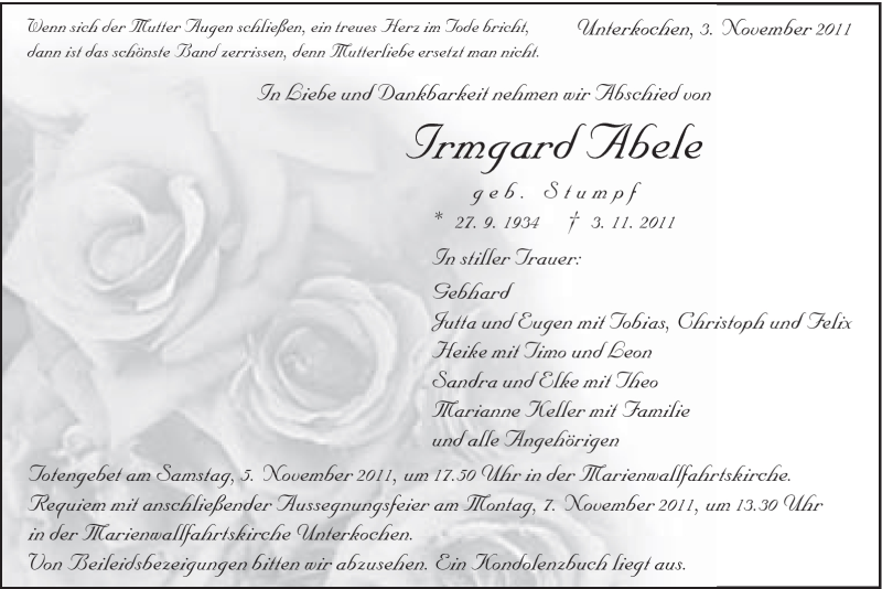  Traueranzeige für Irmgard Abele vom 04.11.2011 aus Schwäbische Post