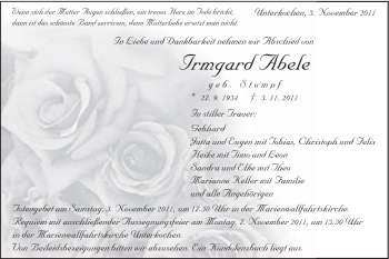 Traueranzeige von Irmgard Abele von Schwäbische Post
