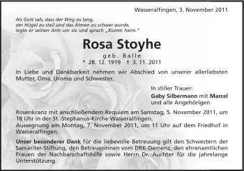 Traueranzeige von Rosa Stoyhe von Schwäbische Post