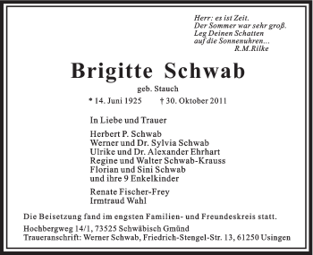 Traueranzeige von Brigitte Shwab von Gmünder Tagespost