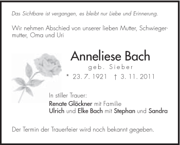 Traueranzeige von Anneliese Bach von Schwäbische Post