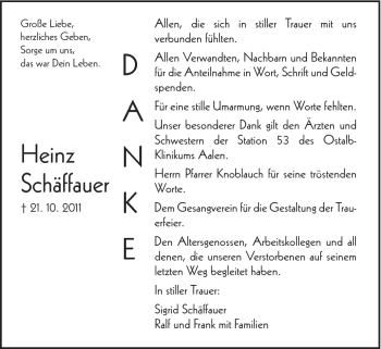 Traueranzeige von Heinz Schäffauer von Schwäbische Post