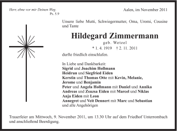 Traueranzeige von Hildegard Zimmermann von Schwäbische Post