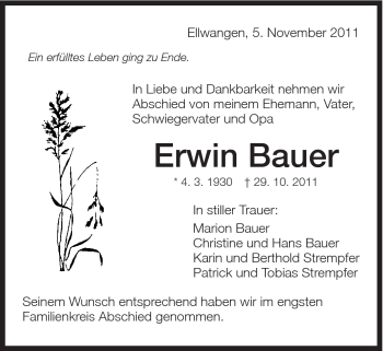 Traueranzeige von Erwin Bauer von Schwäbische Post