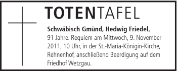 Traueranzeige von Hedwig Friedel von Gmünder Tagespost