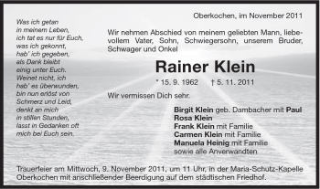 Traueranzeige von Rainer Klein von Schwäbische Post