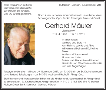 Traueranzeige von Gerhard Mäurer von Schwäbische Post