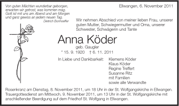 Traueranzeige von Anna Köder von Schwäbische Post