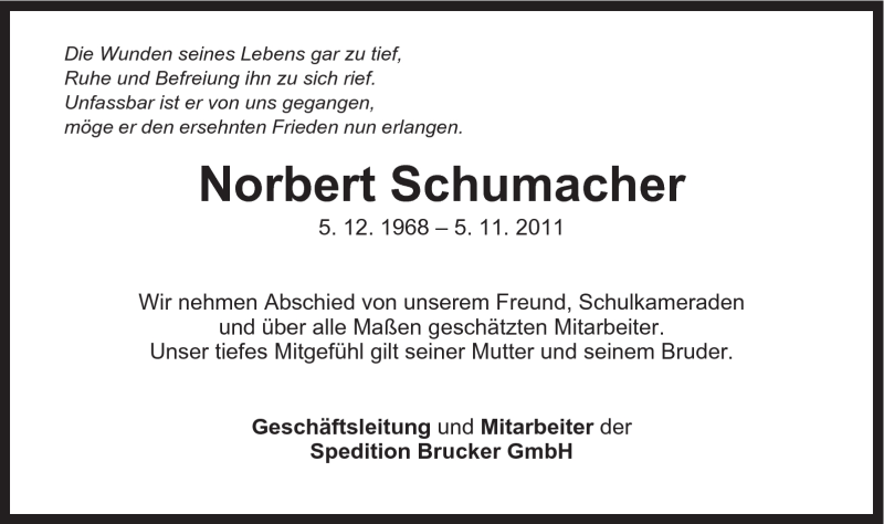  Traueranzeige für Norbert Schumacher vom 08.11.2011 aus Schwäbische Post