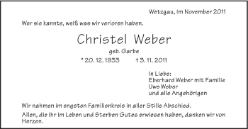 Traueranzeige von Christel Weber von Gmünder Tagespost