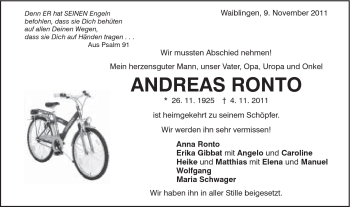 Traueranzeige von Andreas Ronto von Schwäbische Post