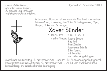 Traueranzeige von Xaver Sünder von Schwäbische Post