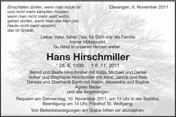 Traueranzeige von Hans Hirschmiller von Schwäbische Post
