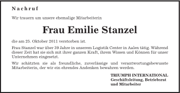 Traueranzeige von Emilie Stanzel von Schwäbische Post