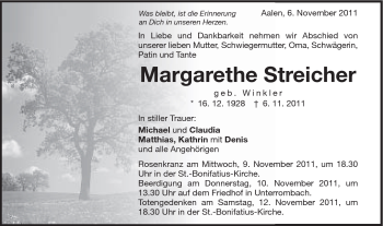 Traueranzeige von Margarethe Streicher von Schwäbische Post