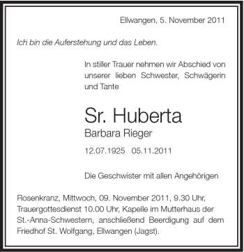 Traueranzeige von Barbara Rieger von Schwäbische Post