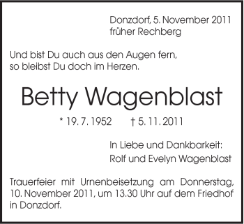 Traueranzeige von Betty Wagenblast von Gmünder Tagespost