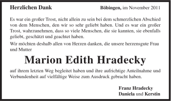 Traueranzeige von Marion Edith Hradecky von Gmünder Tagespost