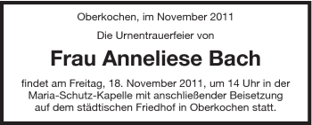 Traueranzeige von Anneliese Bach von Schwäbische Post