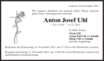 Traueranzeige von Anton Josef Uhl von Gmünder Tagespost