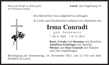 Traueranzeige von Irma Conradt von Gmünder Tagespost