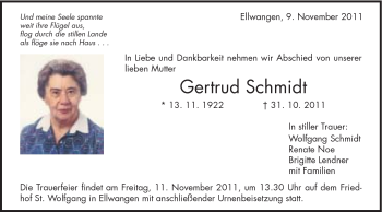 Traueranzeige von Gertrud Schmidt von Schwäbische Post