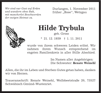 Traueranzeige von Hilde Trybula von Gmünder Tagespost