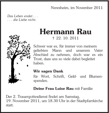 Traueranzeige von Hermann Rau von Schwäbische Post