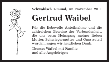 Traueranzeige von Gertrud Waibel von Gmünder Tagespost